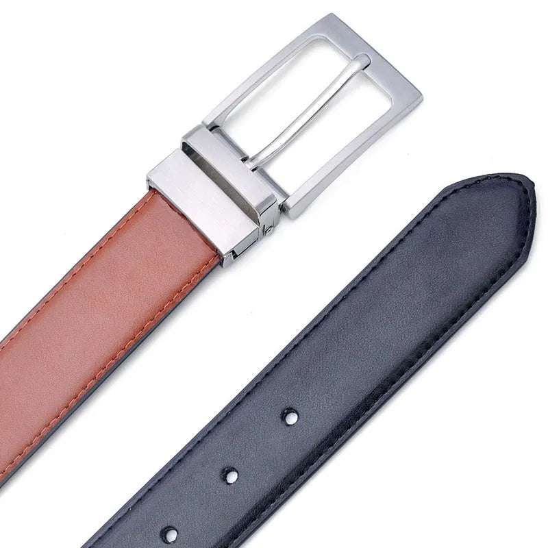 Men's dark brown and black genuine leather belt with a rotating alloy pin buckle.