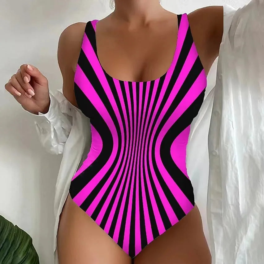 Women's one-piece sling striped printed swimsuit in polyester, multiple colour options and sizes S to 5XL