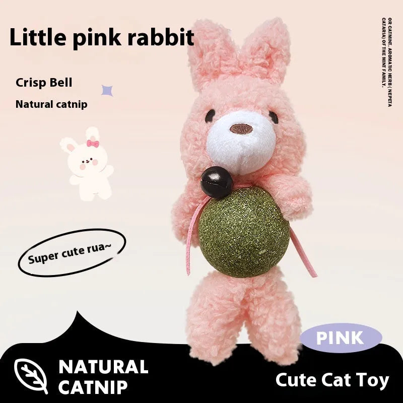 Plush catnip ball toy with bell in animal character design for cats