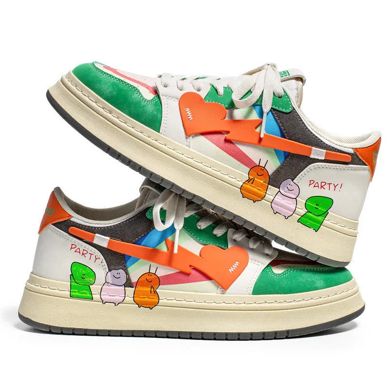 A pair of simple, plain lace-up sneakers on a white background, shown in Rainbow, White Blue, and White Rice colour options.