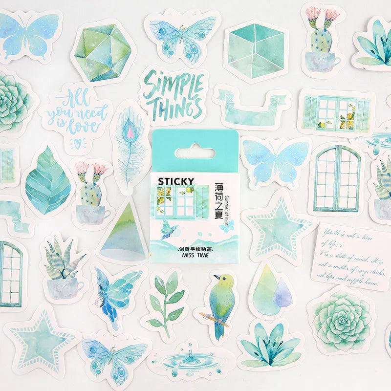 Cartoon children's journal decorative sticker set showing nine themed designs including Girlhood and Lost Cat patterns
