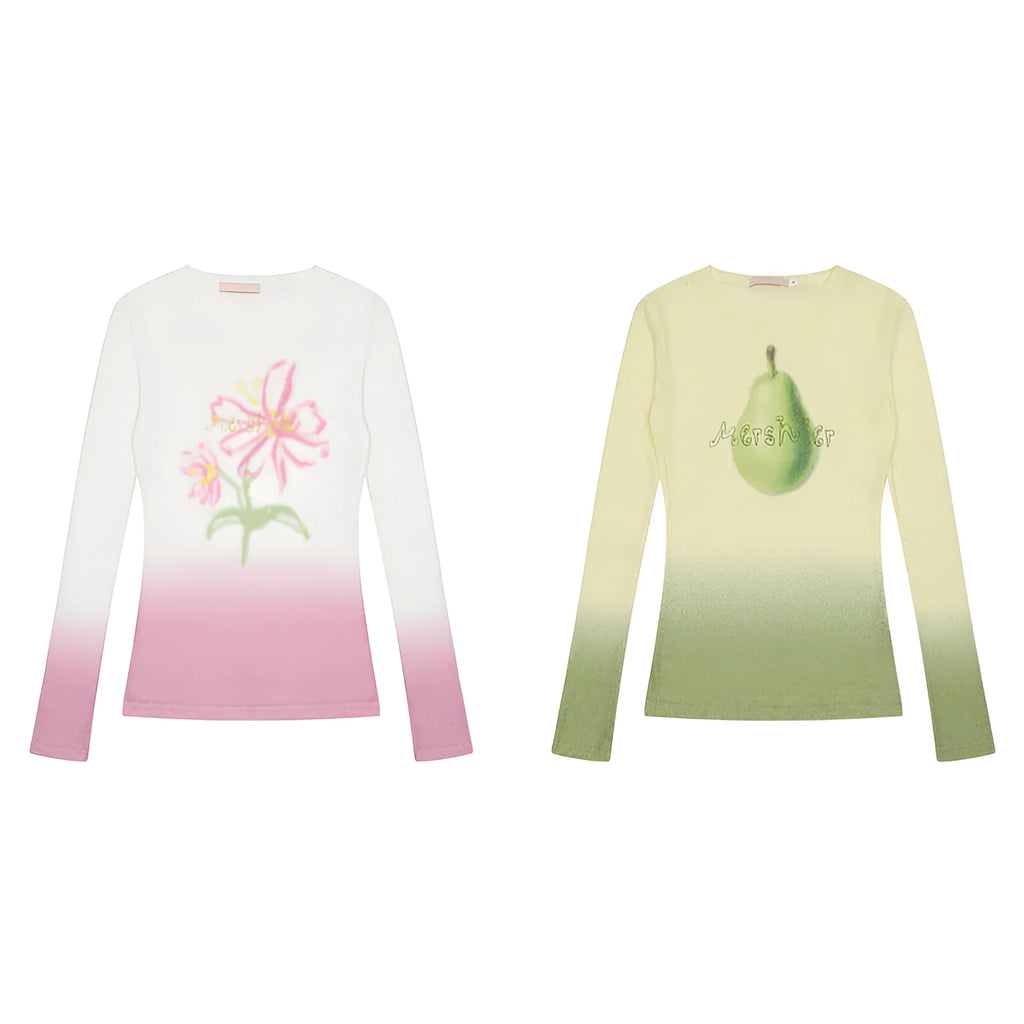Gradient flower pattern women's long-sleeved T-shirt in thin polyester fabric