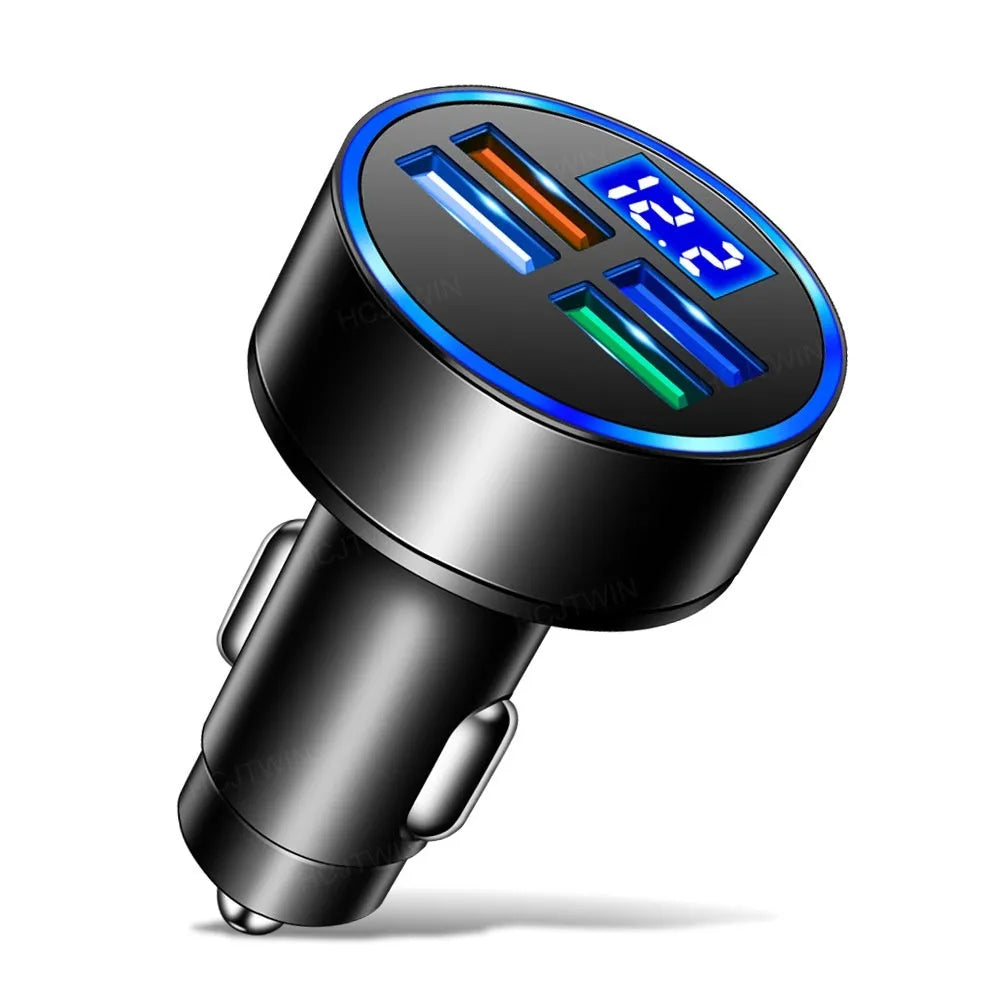 Black multi-port car charger with four USB ports and cigarette lighter plug for vehicle charging