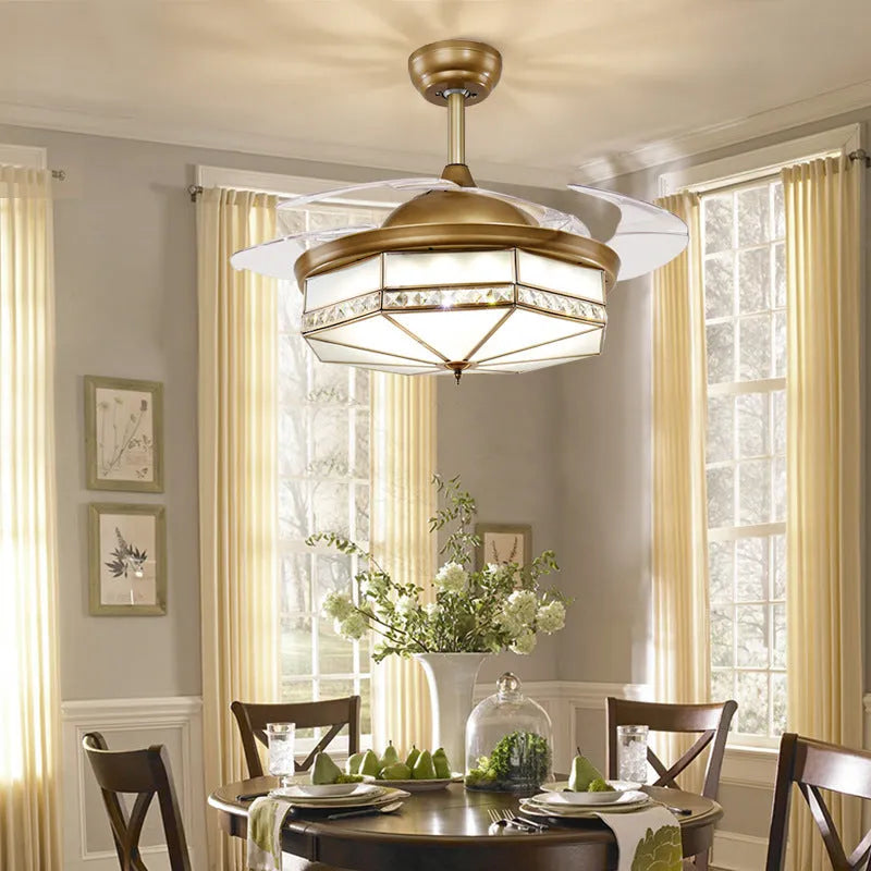 Gold ceiling fan light with invisible blades and remote control, 42-inch diameter with LED lighting
