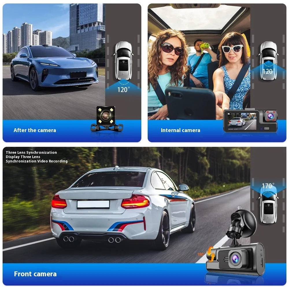 Black car dash cam with a 2-inch screen mounted on a windscreen, showing a rear-view parking image.