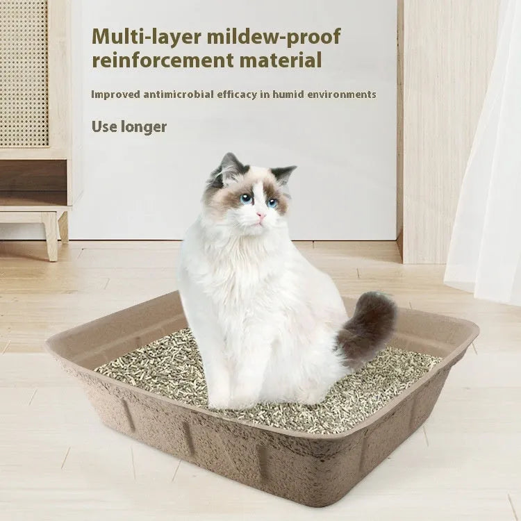 Brown disposable waterproof cat litter box shown in one of three available sizes.