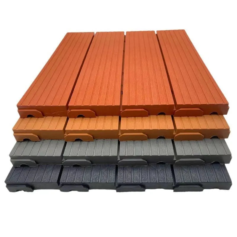 Ten wood grain finish plastic interlocking floor tiles showing their 300x300mm size and non-slip surface.