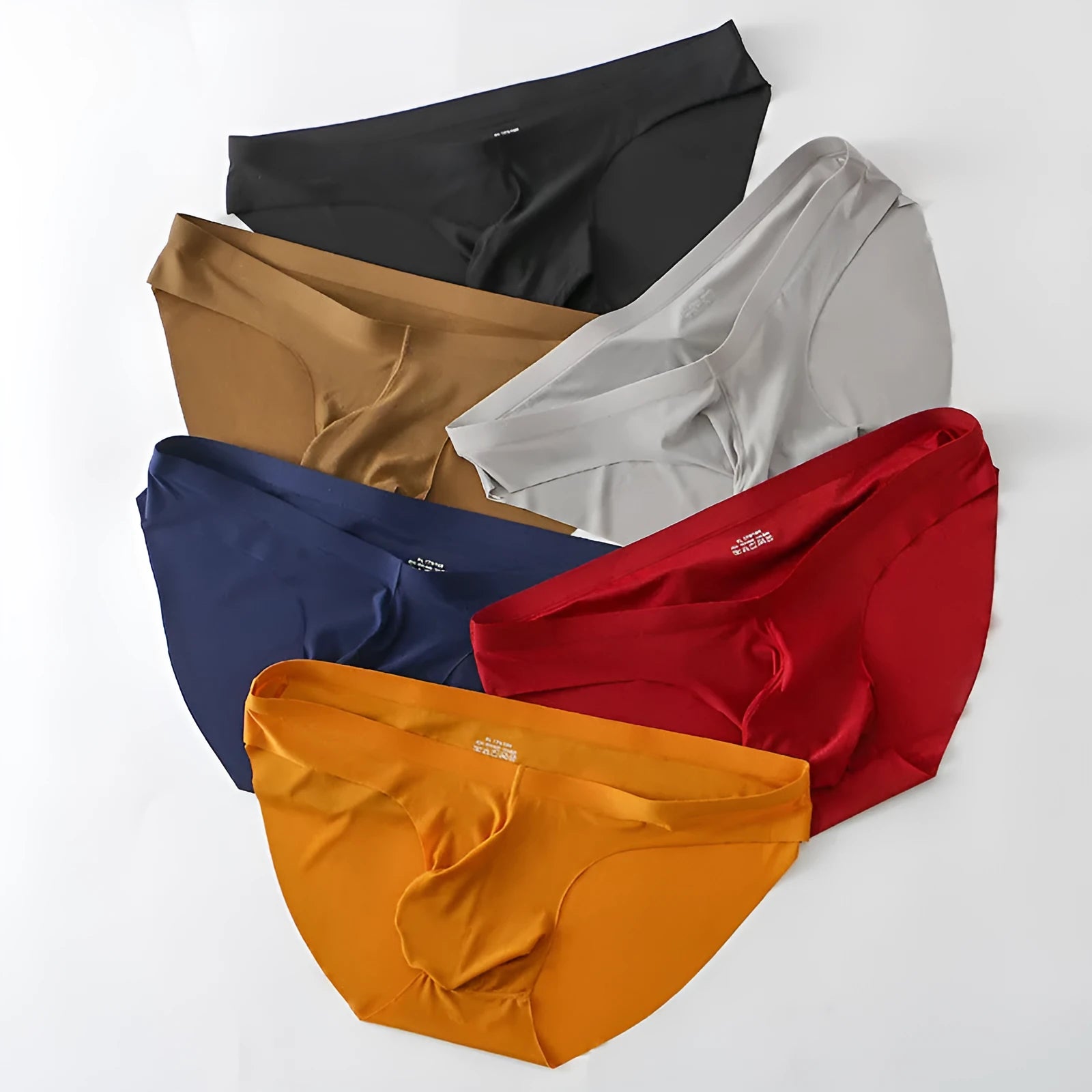 Ice silk men's briefs with seamless construction and built-in bullet separation pocket in multiple colour options