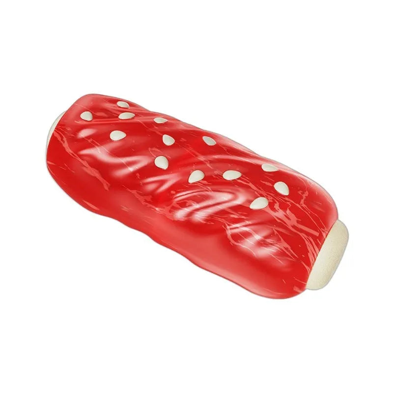 Primary colour plastic dog chew toy with molar rod snack holder and replaceable glue toothbrush attachment