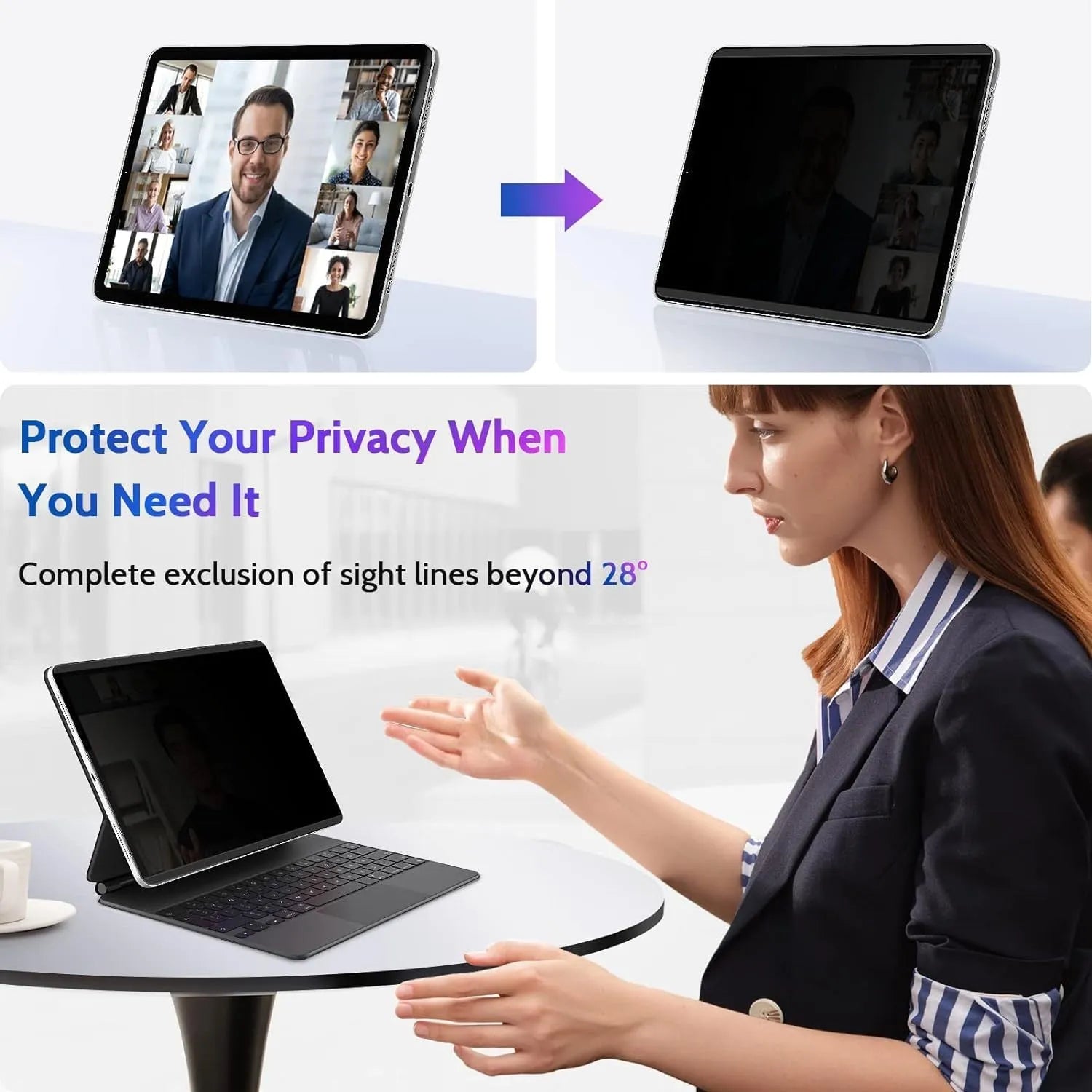 Magnetic iPad privacy screen protector with storage clip shown next to iPad tablet