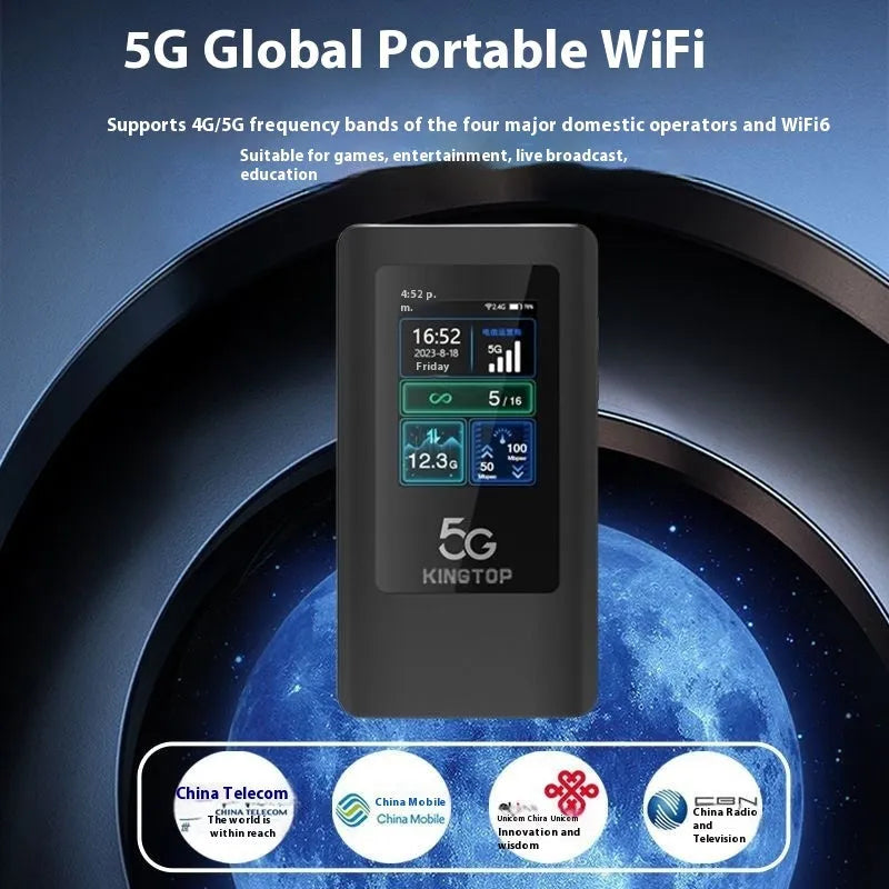 Black portable 5G Wi-Fi router with LCD screen showing connection status and battery level