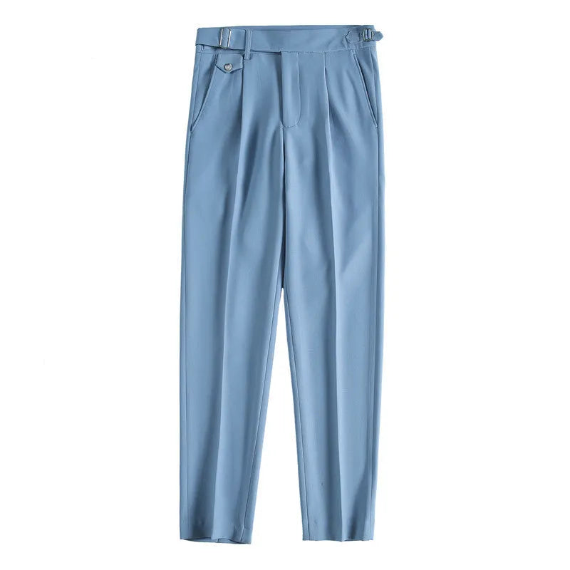 Straight leg casual trousers in solid colours with polyester fabric and waist sizes 29-36