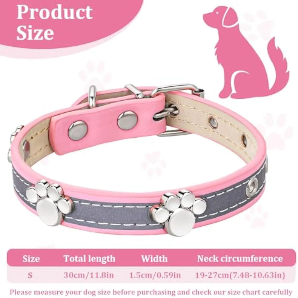 Reflective leather dog collar with paw rivets and metal buckle in adjustable sizes for dogs