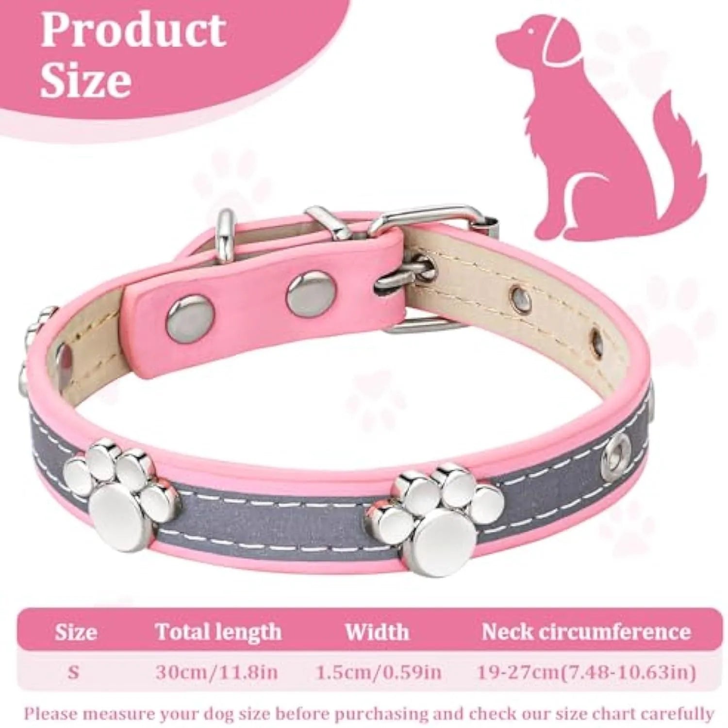 Reflective leather dog collar with paw rivets and metal buckle in adjustable sizes for dogs