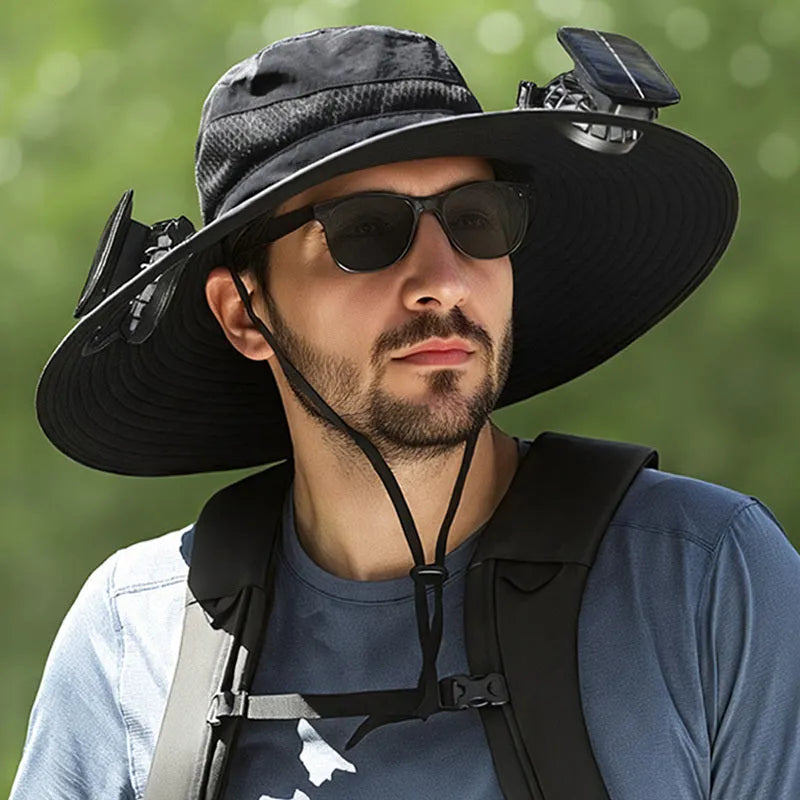 Men's beige solar-powered fan hat with cooling fan visible on the brim, for outdoor use.