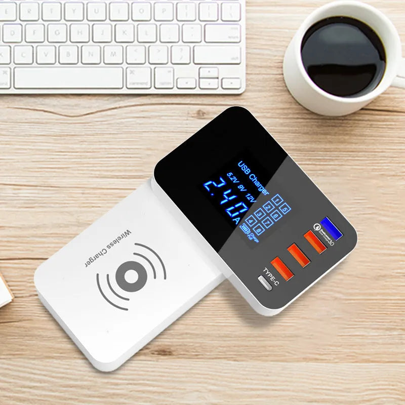 White multi USB and wireless fast charger with UK plug and international travel adaptors