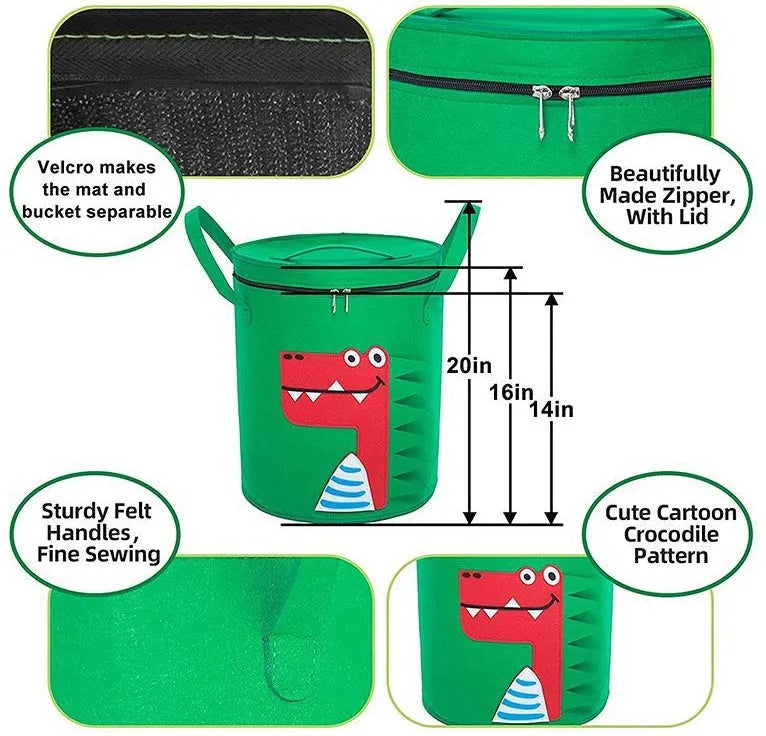 Green felt cube storage bag open as play mat with toys inside and pull rope visible