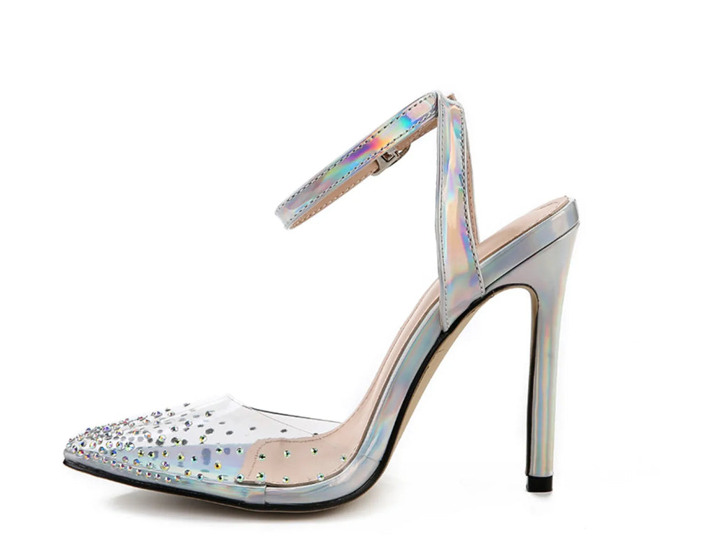 Women's pointed toe PVC sandals with diamond detail and a stiletto heel, shown in available sizes.