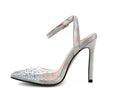 Women's pointed toe PVC sandals with diamond detail and a stiletto heel, shown in available sizes.