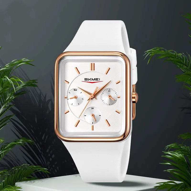 Square waterproof women's watch in silicone with multifunctional display and 10.8mm thickness