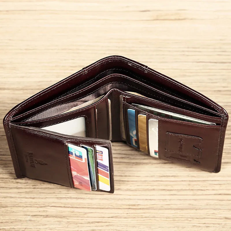 Men's leather wallet open to show internal card slots, cash section, coin pocket, and document holder.