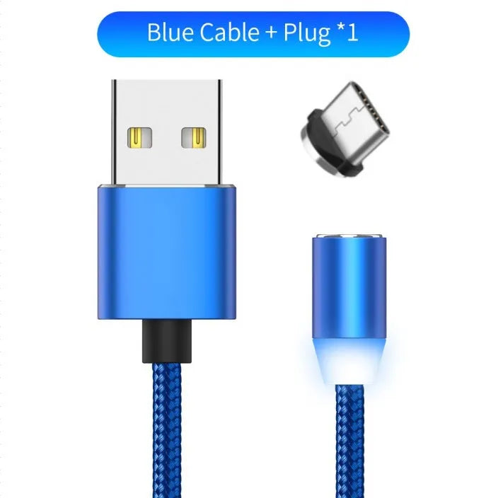 Black braided magnetic USB charging cable with LED light and aluminium connector.