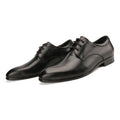 Men's black formal derby shoes with checkered cowhide vamp and pointed leather toe.