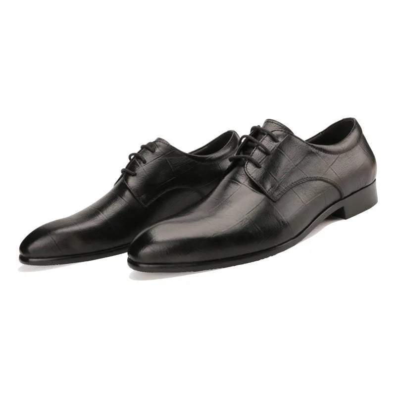 Men's black formal derby shoes with checkered cowhide vamp and pointed leather toe.