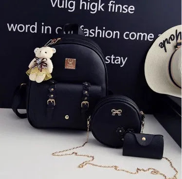 Women's three-piece PU leather bag set showing backpack, crossbody shoulder bag, and card purse in matching colour.