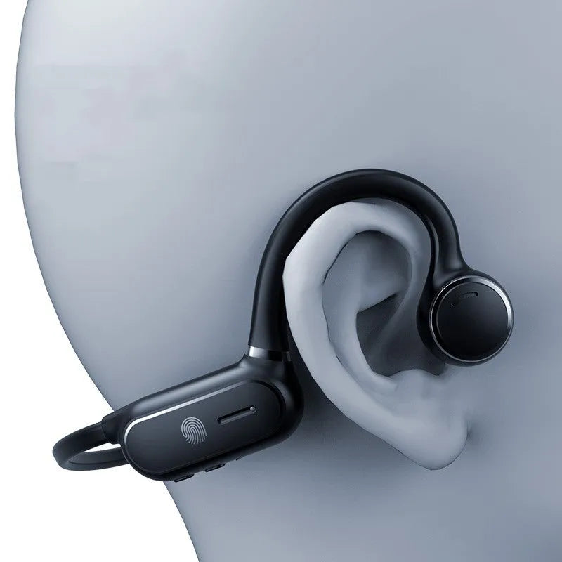 Black air conduction Bluetooth earphones with titanium frame and ear-hook design