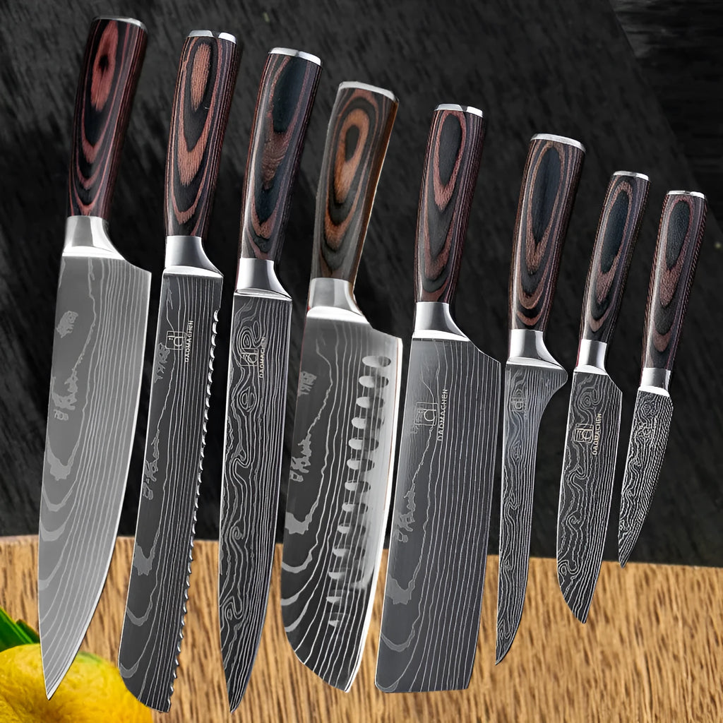 Chef knife with laser Damascus pattern on 18cm 7CR17 steel blade and colour steel handle.