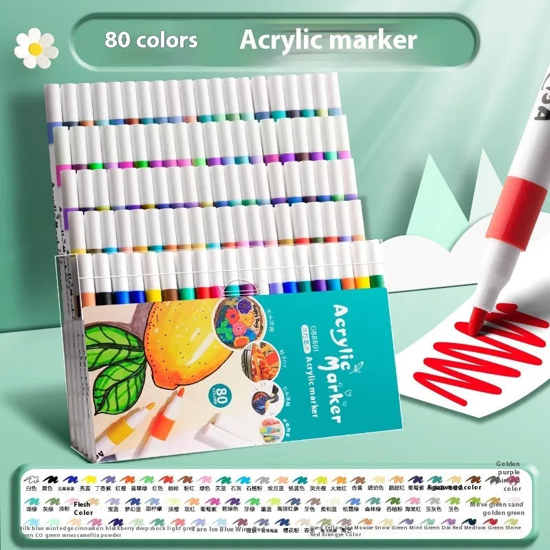 Box of acrylic marker pens for student painting with true colour ink in multicolour plastic barrels
