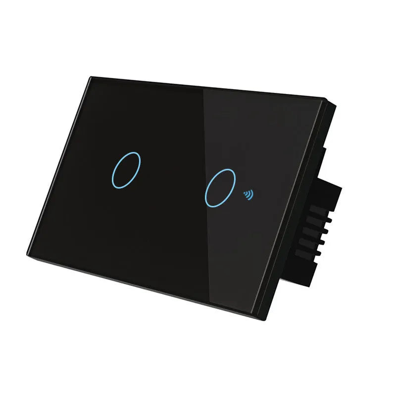 2-gang RF touch light switch with tempered glass panel in white colour showing touch controls