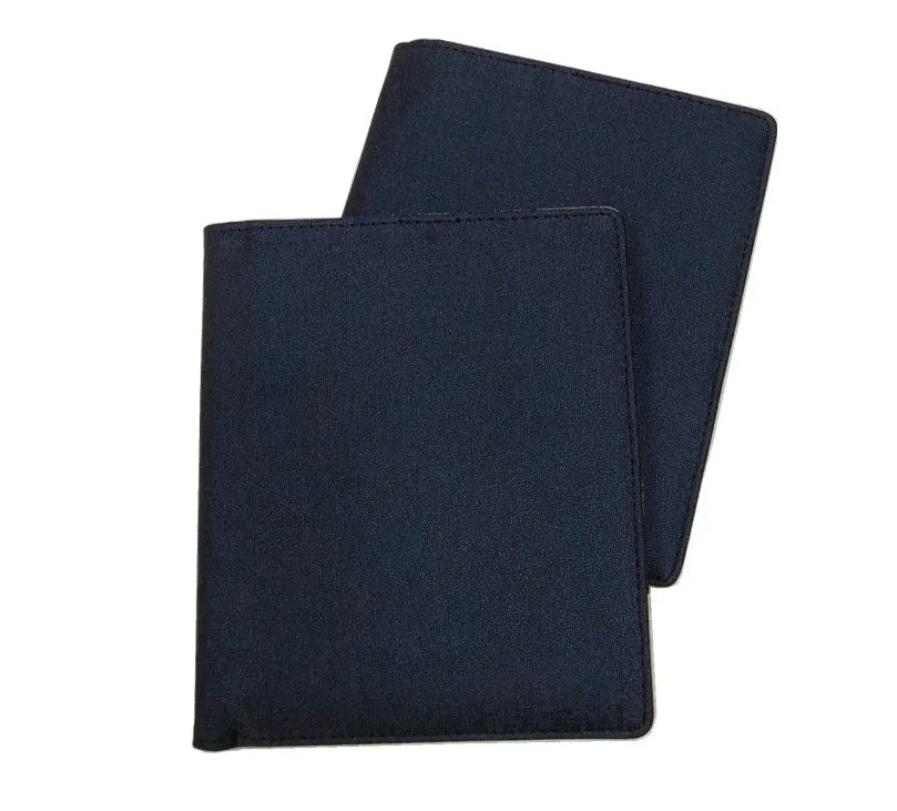 Blue imitation leather PU notebook cover shell for A5 refills, shown with protective PP bag.