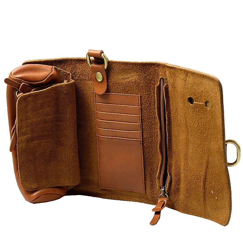 Handmade cow leather vintage wallet showing tape extraction closure and solid colour finish