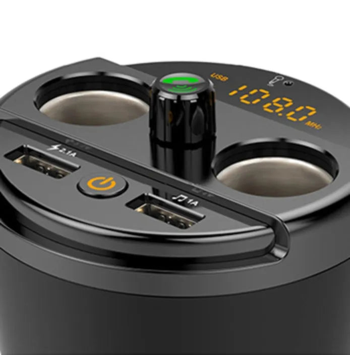 Car Bluetooth MP3 player FM transmitter with dual USB charger in cup holder design available in black grey gold