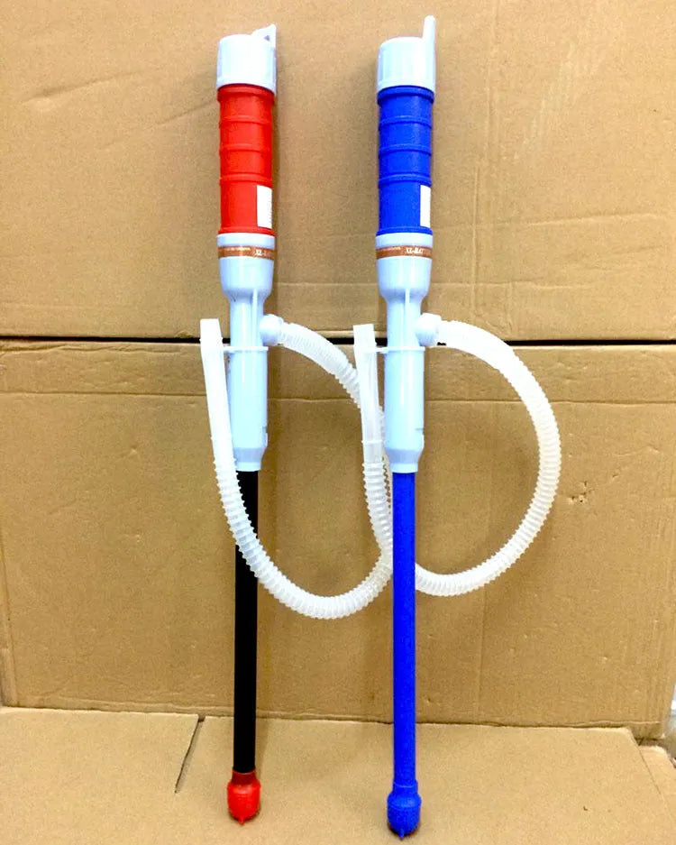 Blue manual hand siphon pump for transferring fuel and oil