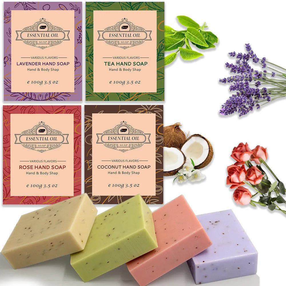 Handmade essential oil soap bar with frosted finish in 100g size showing plant-based ingredients