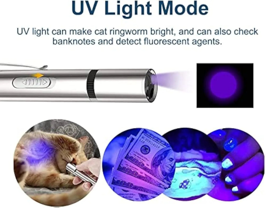 Silver aluminium cat laser pointer toy with USB charging port and projection patterns.