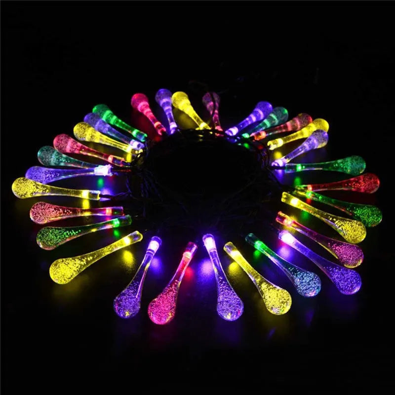 30 LED solar outdoor string lights with water drop pendants on 6.5m cable with ground spike