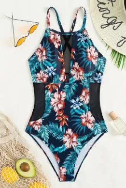 Women's deep V-neck one-piece swimsuit with a printing design