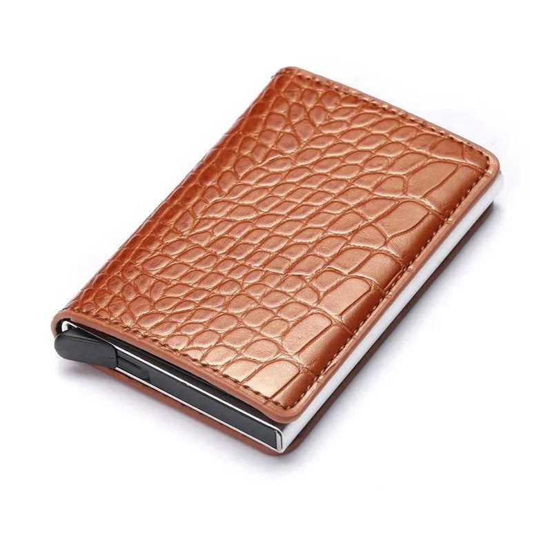 Pattern wallet with metal cartridge automatic pop-up in black polyurethane leather showing card slots