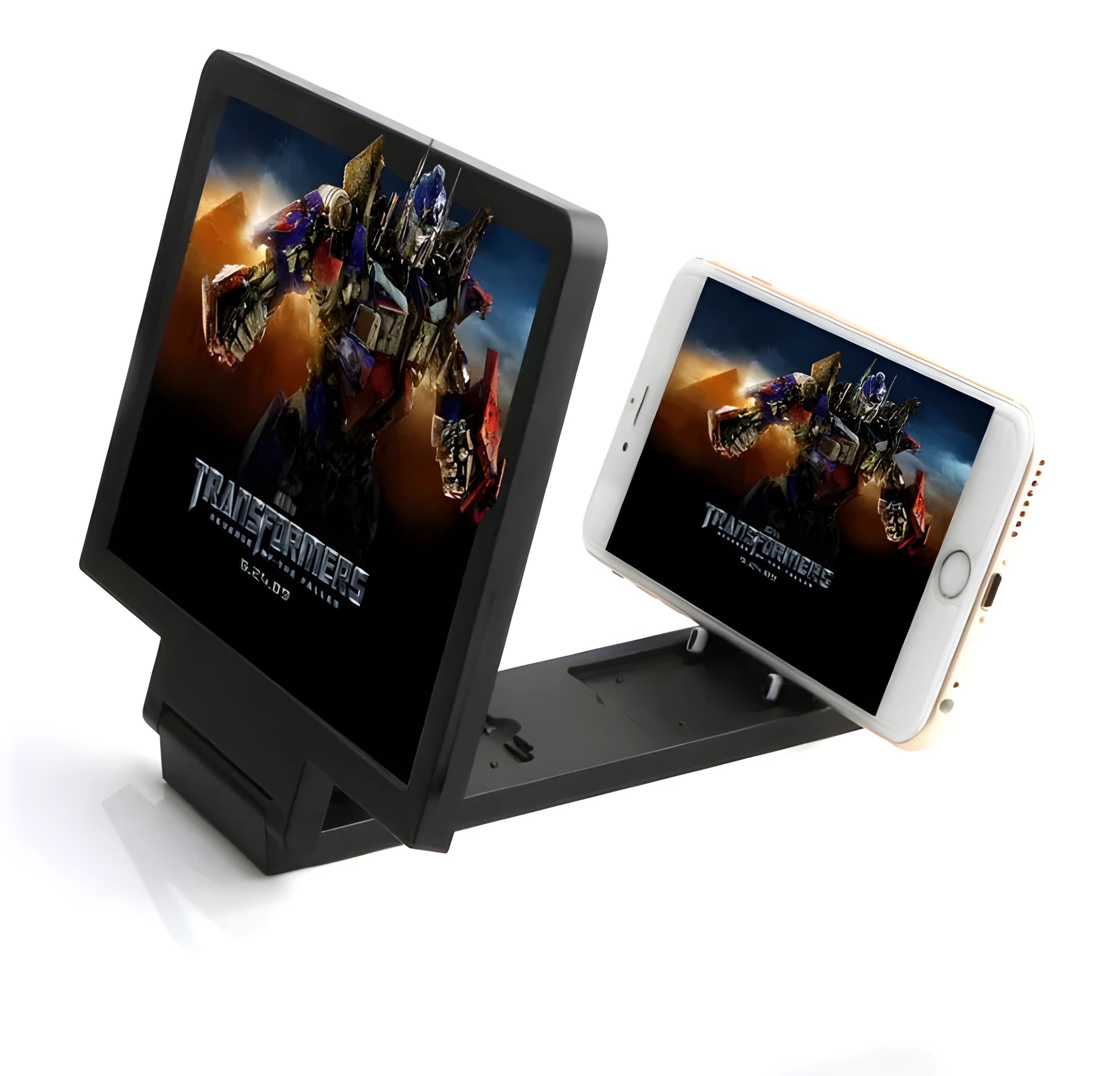 Black foldable mobile phone stand with 3D screen amplifier showing phone in viewing position