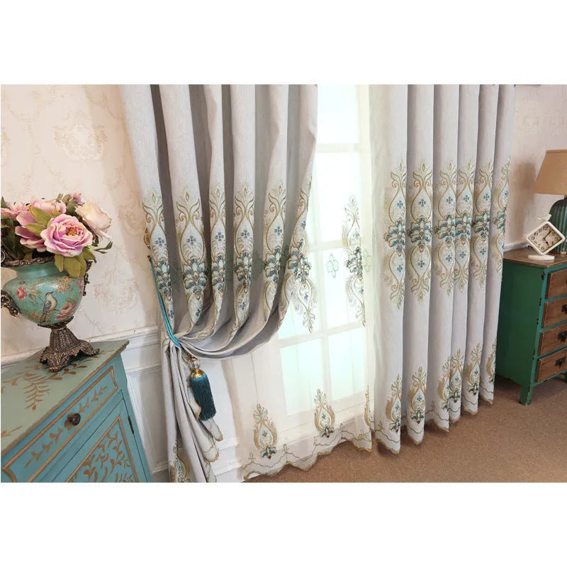 Slub cotton embroidery curtain fabric in beige with flat embroidery detailing for high shading vertical curtains