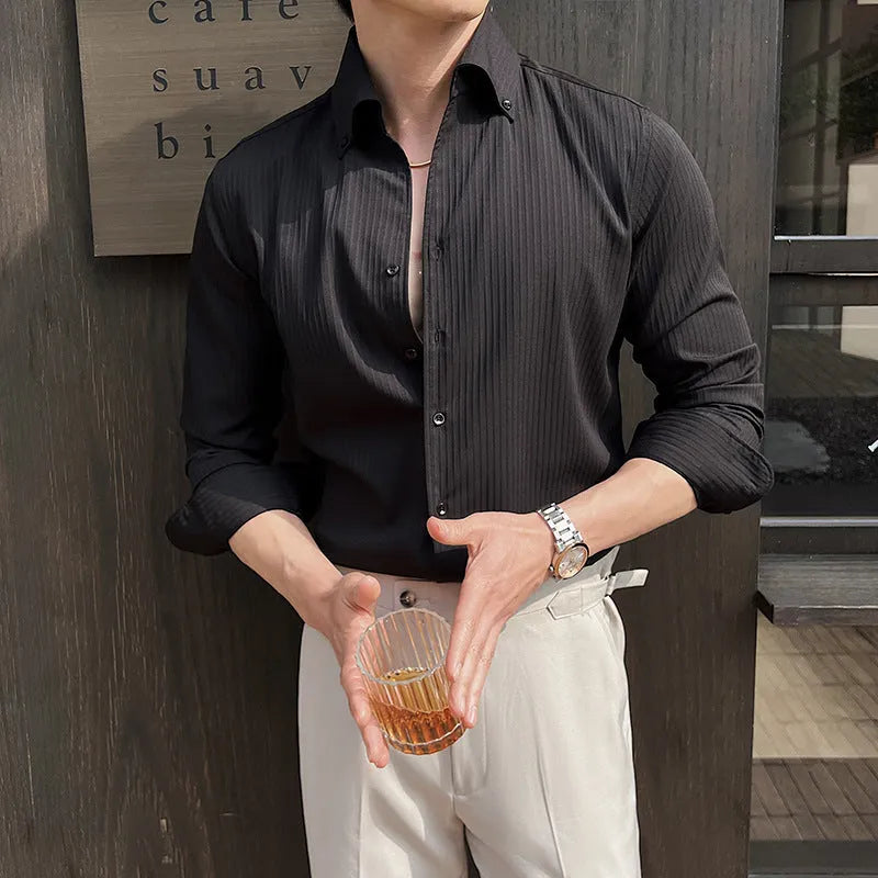 Men's striped long sleeve V-neck casual shirt in a cardigan style, shown in multiple colours.