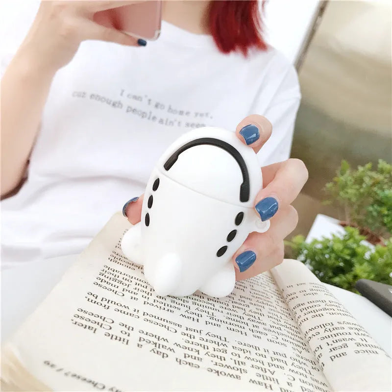Cartoon airplane headset themed silicone flip case for Apple AirPods 1 and 2 with hook attachment
