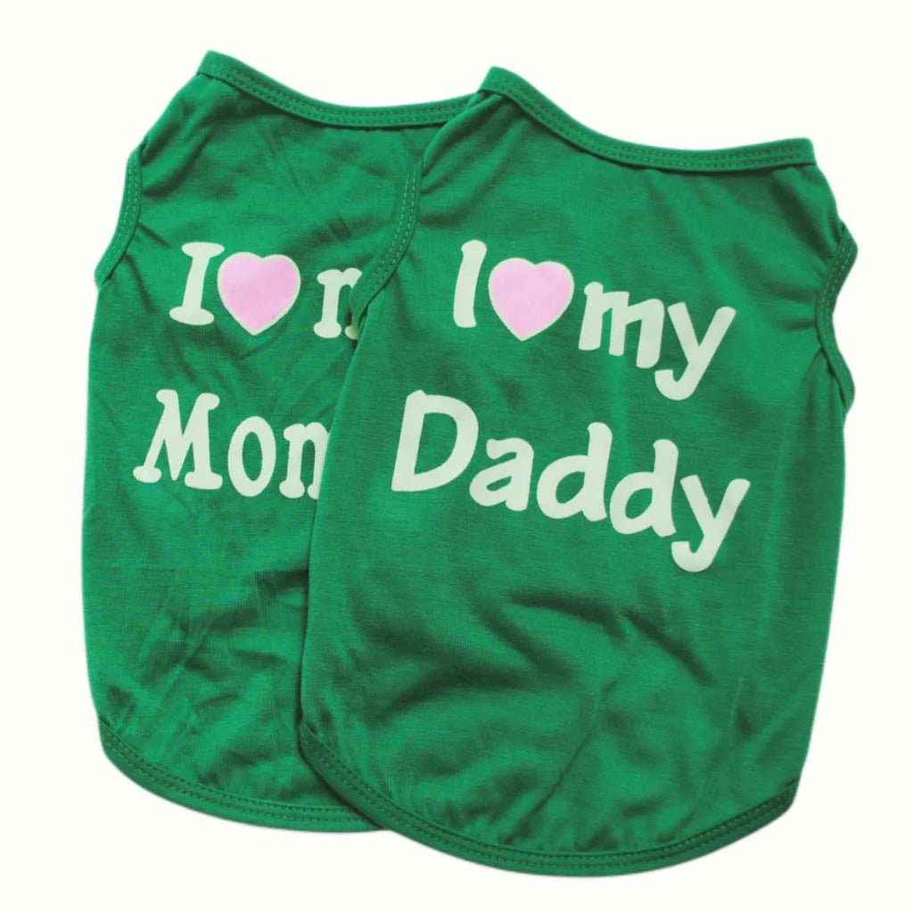 Pet puppy vest in pink with Love Mom text, polyester casual coat
