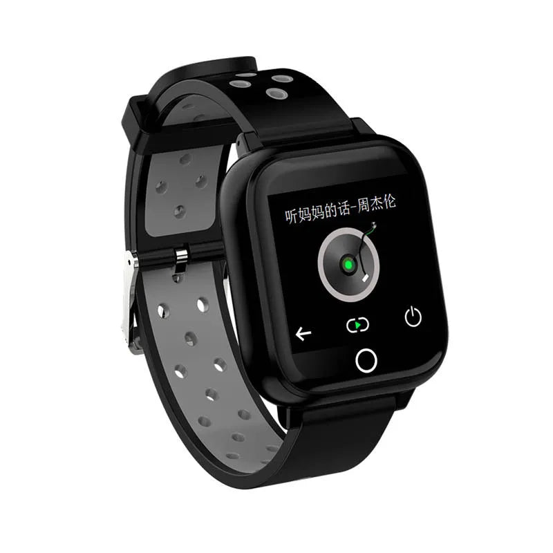 Black smartwatch with built-in Bluetooth earbuds showing heart rate monitoring on 1.4-inch screen
