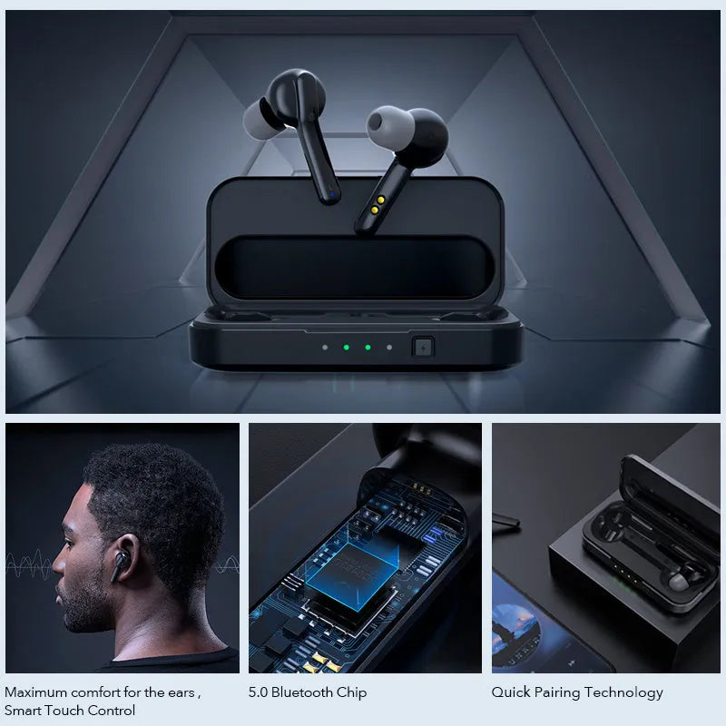 Black and white true wireless Bluetooth earbuds with charging case.
