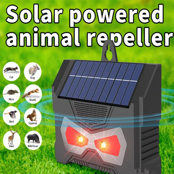 Black solar-powered ultrasonic animal repeller for outdoor gardens with adjustable frequency